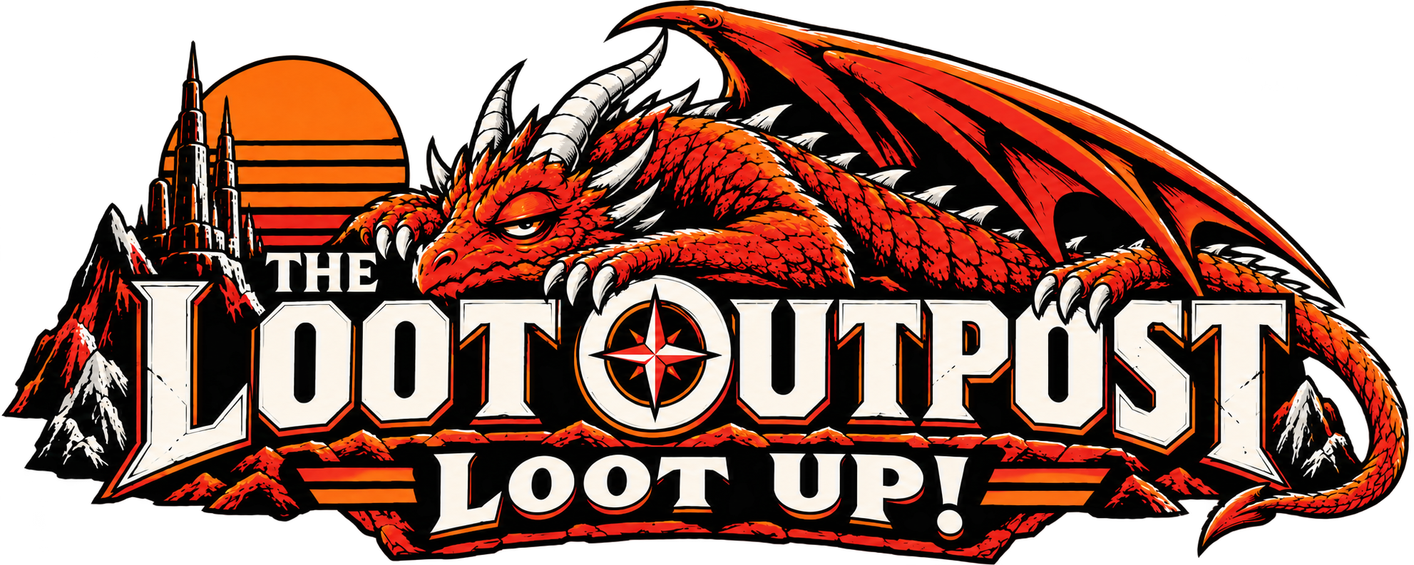 The Loot Outpost logo with a sleepy red dragon guarding The Loot Outpost